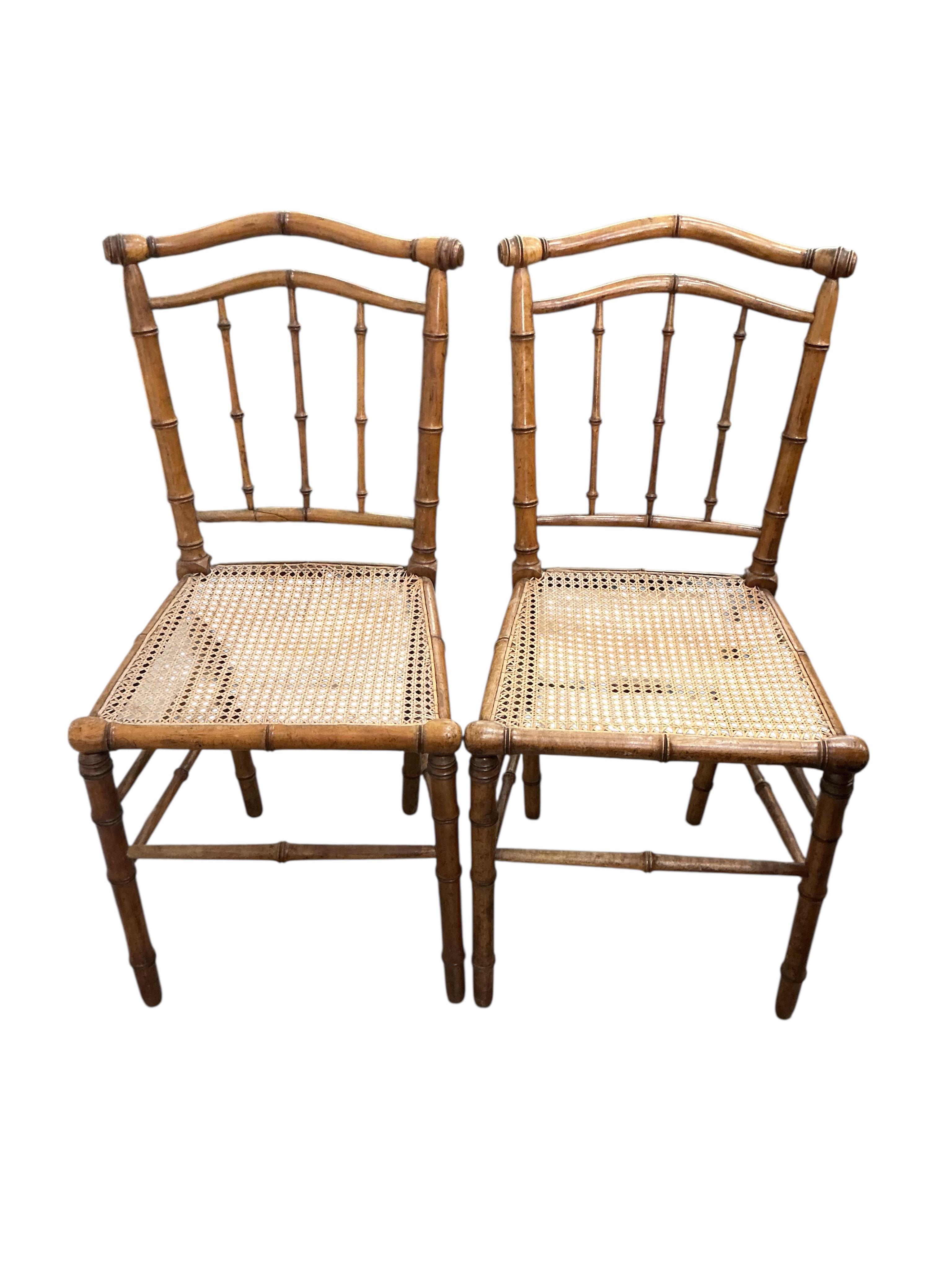 Five late 19th century French faux bamboo cane seat chairs, width 42cm, height 89cm
